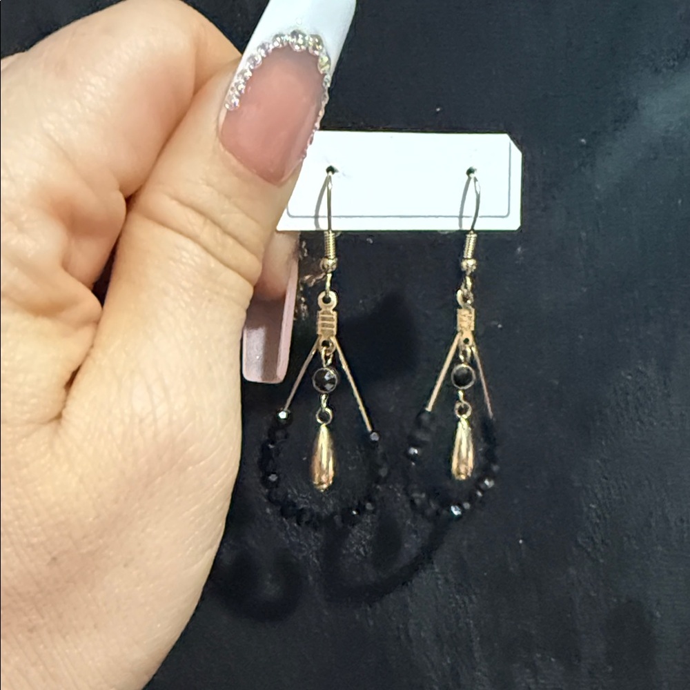 Elegant 14k Gold Stainless Steel  Black Teardrop Beaded Earrings
